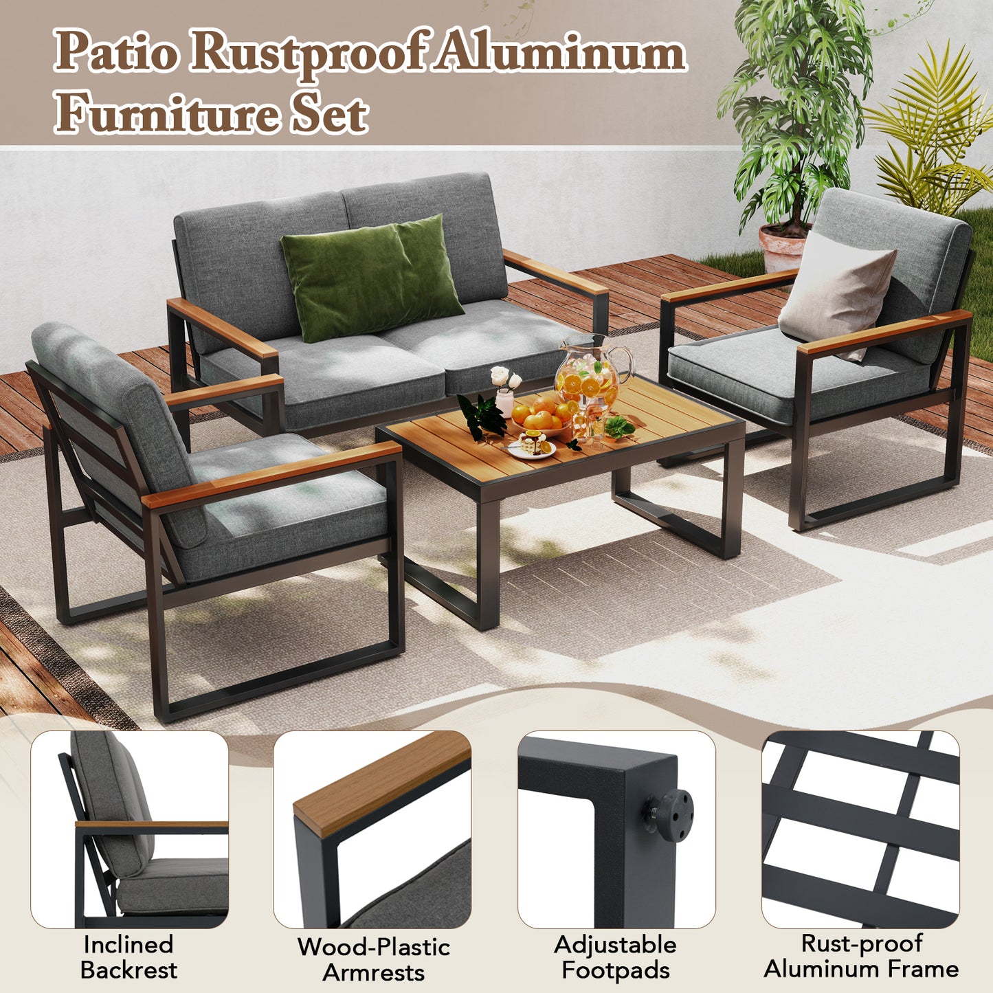 Aluminum Patio Armchairs Set of 2 with Cushions - Gray