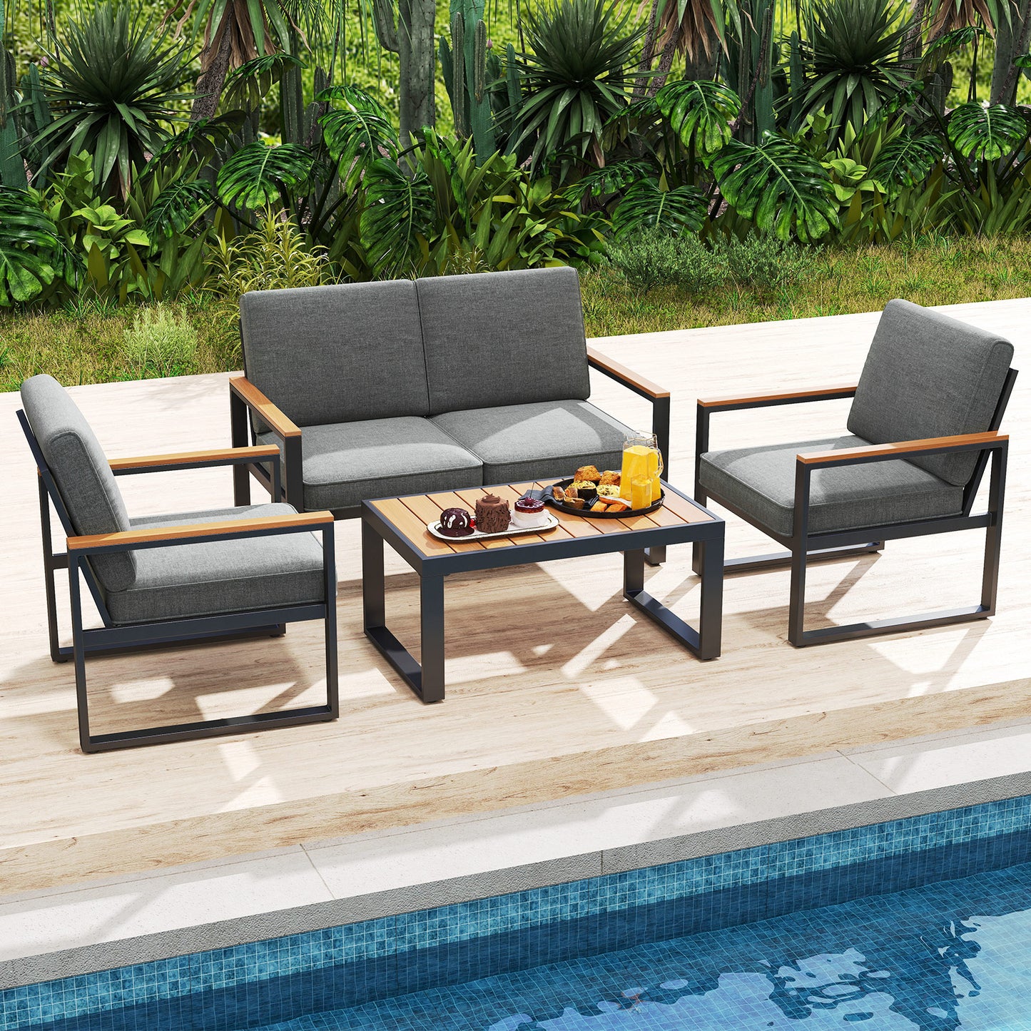 Aluminum Patio Armchairs Set of 2 with Cushions - Gray