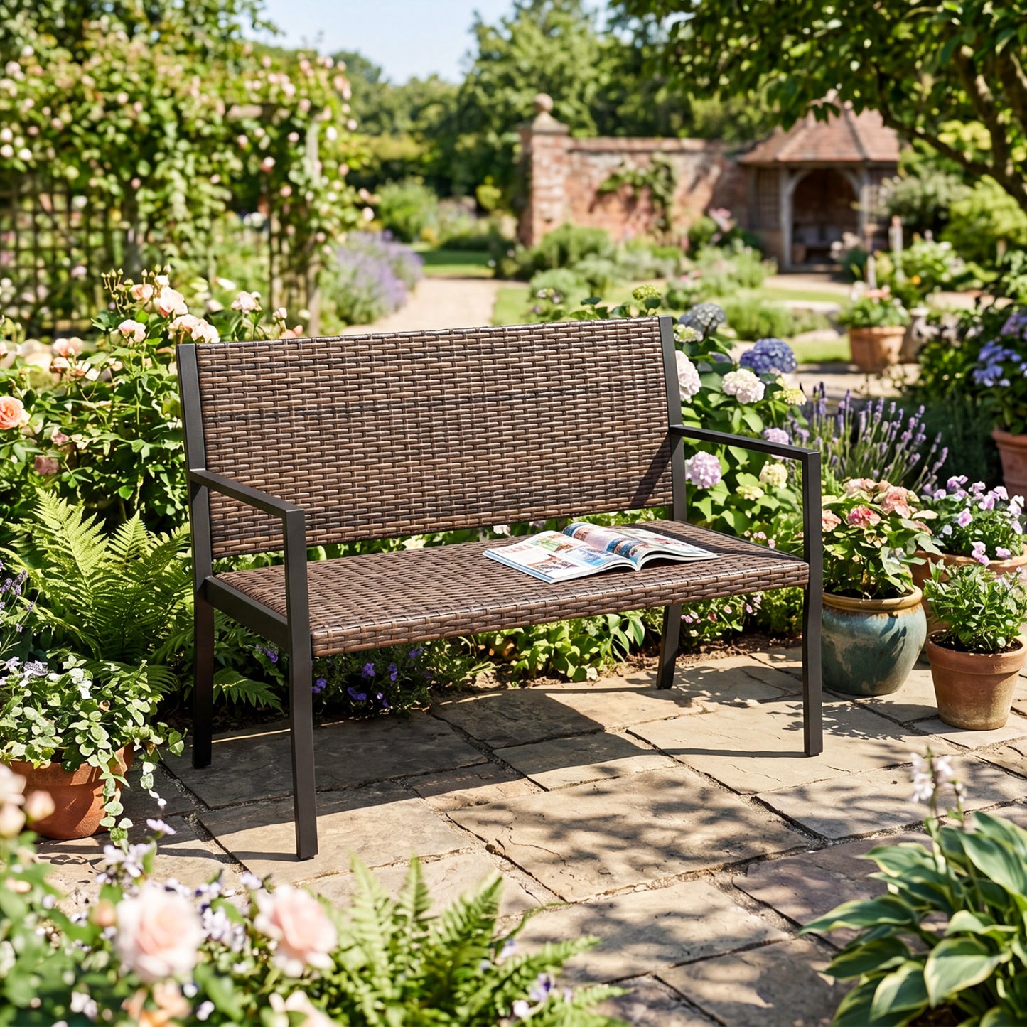 Outdoor Wicker Loveseat with Sponge Cushion - Mixed Brown Rattan