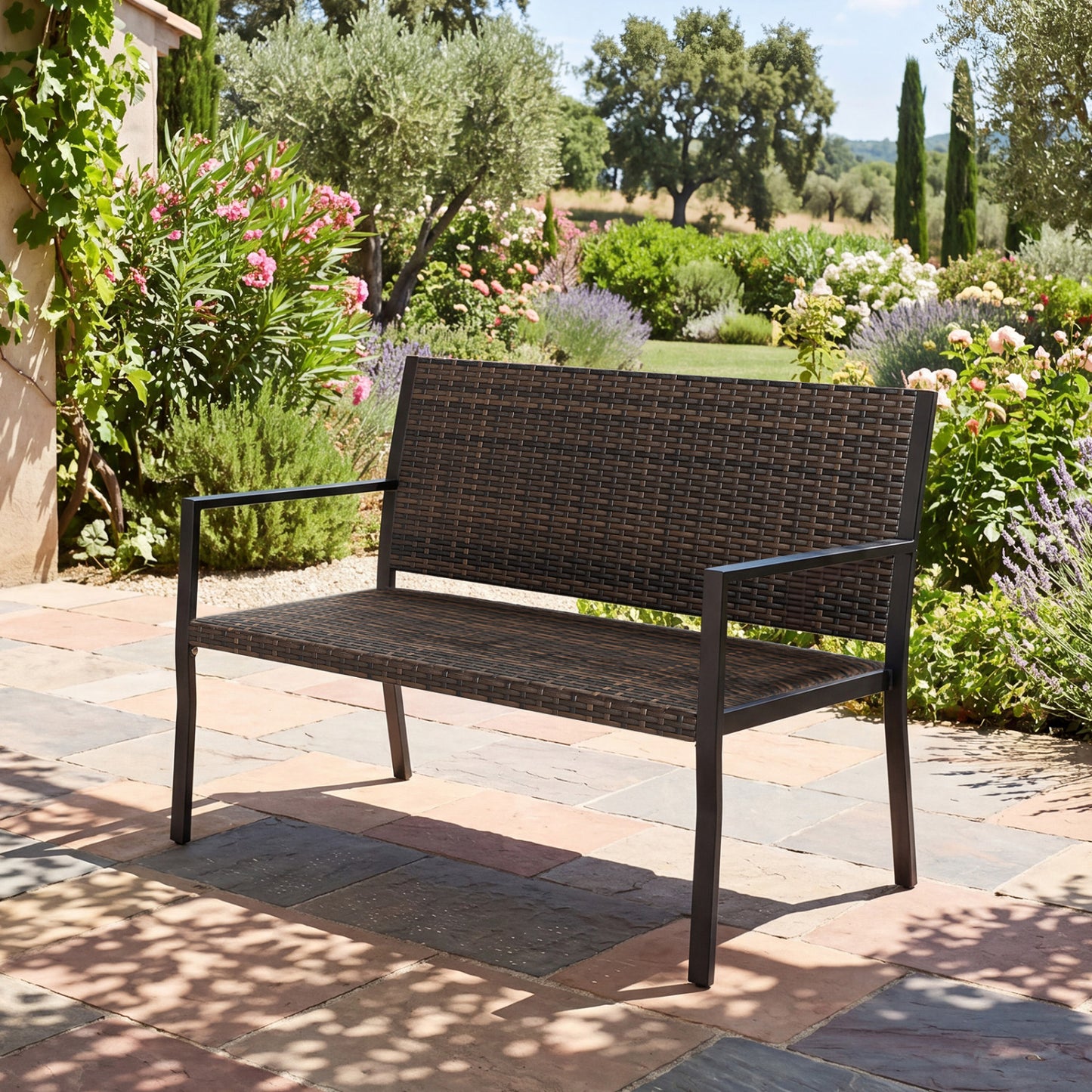 Outdoor Wicker Loveseat with Sponge Cushion - Mixed Brown Rattan