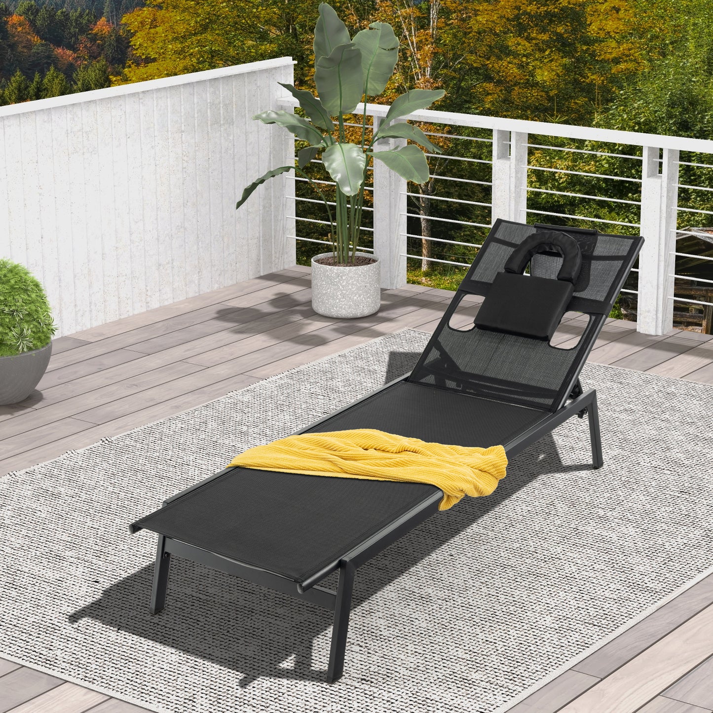 Adjustable Patio Chaise Lounge Chair with Face Hole - Black