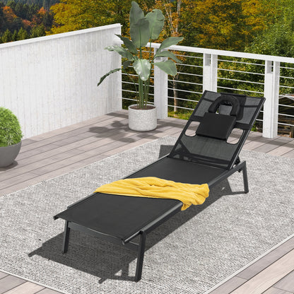 Adjustable Patio Chaise Lounge Chair with Face Hole - Black