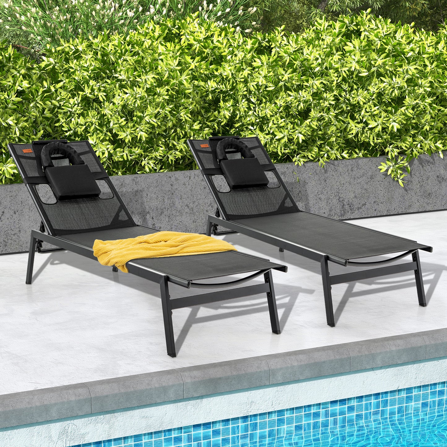 Adjustable Patio Chaise Lounge Chair with Face Hole - Black