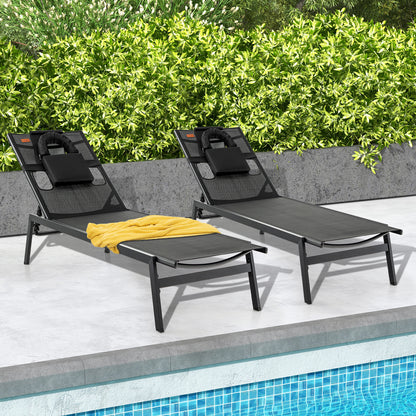 Adjustable Patio Chaise Lounge Chair with Face Hole - Black