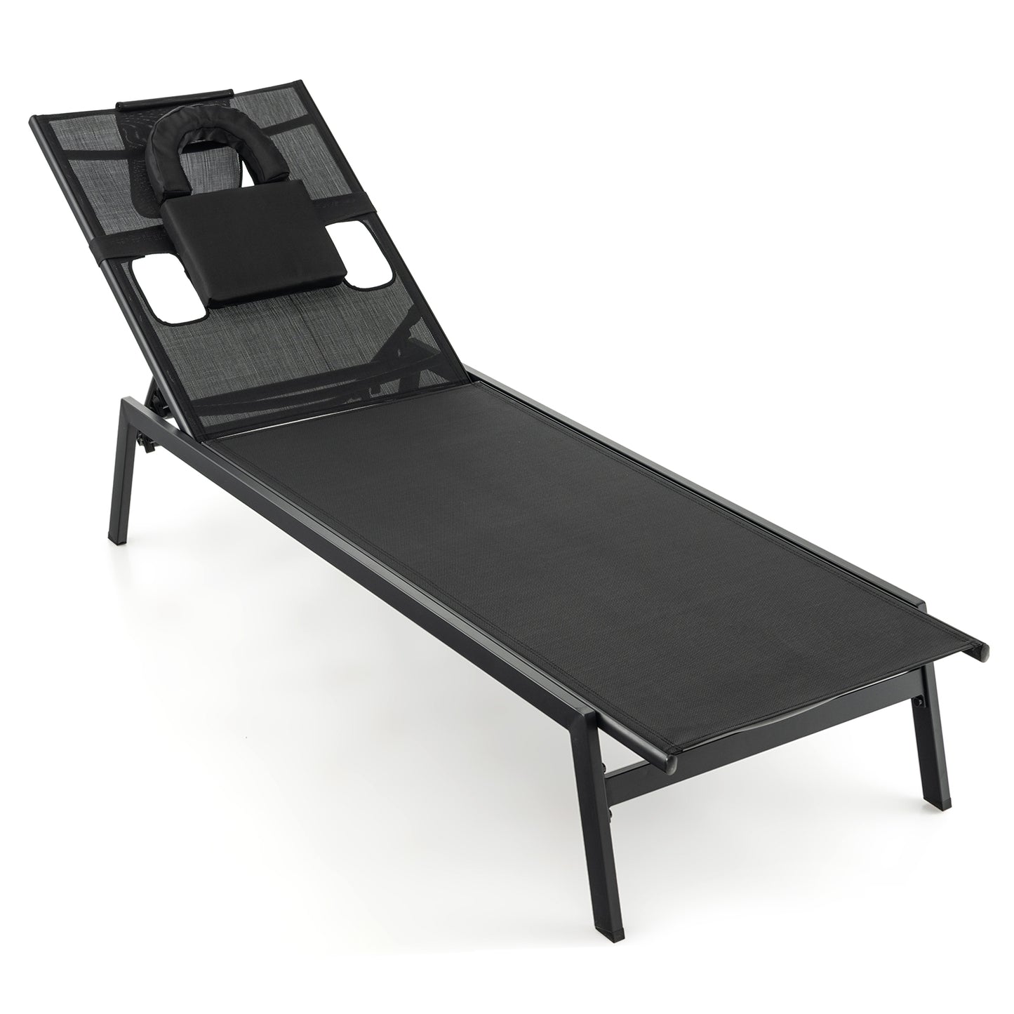 Adjustable Patio Chaise Lounge Chair with Face Hole - Black