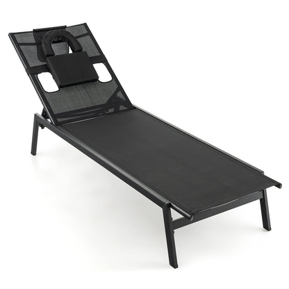Adjustable Patio Chaise Lounge Chair with Face Hole - Black