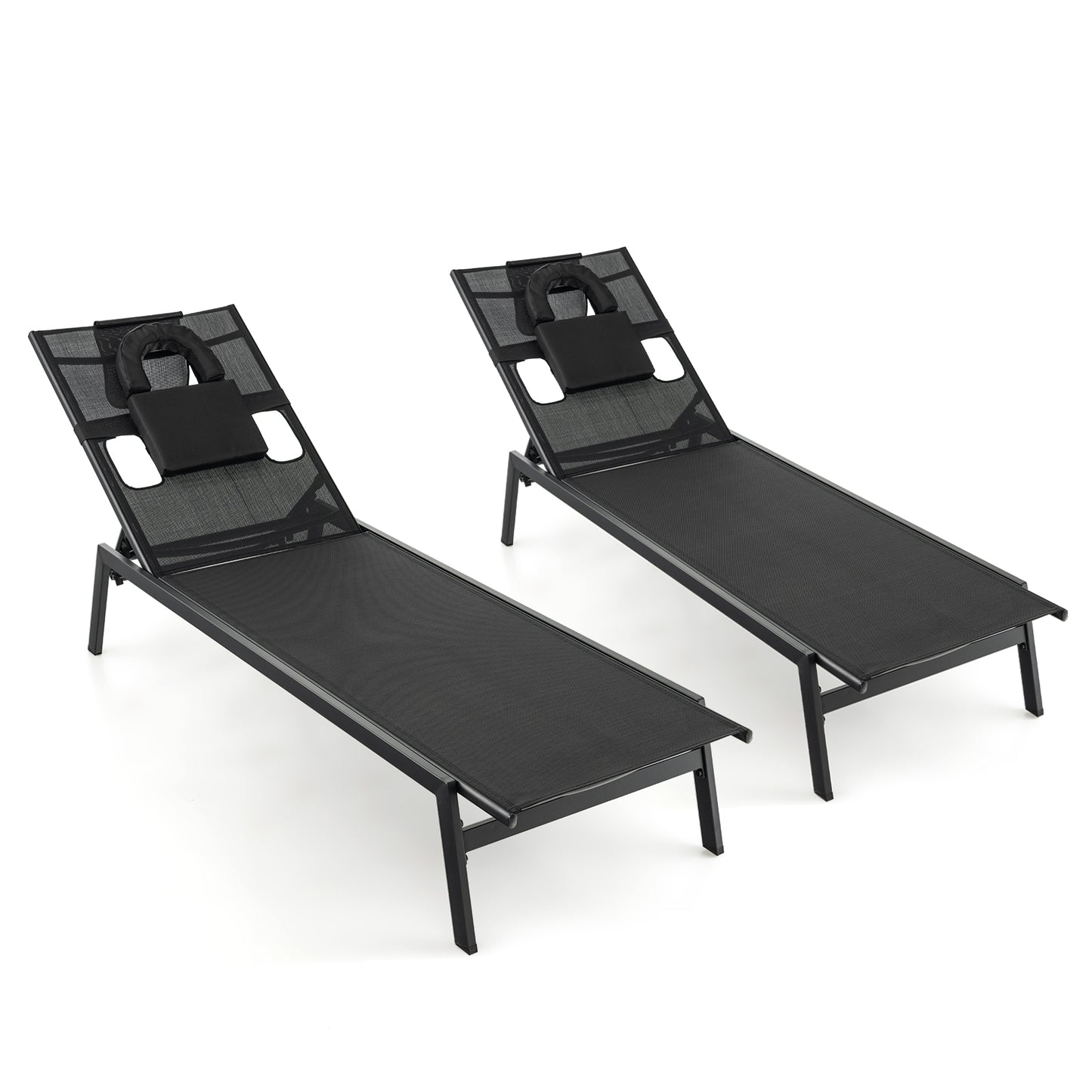 Adjustable Patio Chaise Lounge Chair with Face Hole - Black
