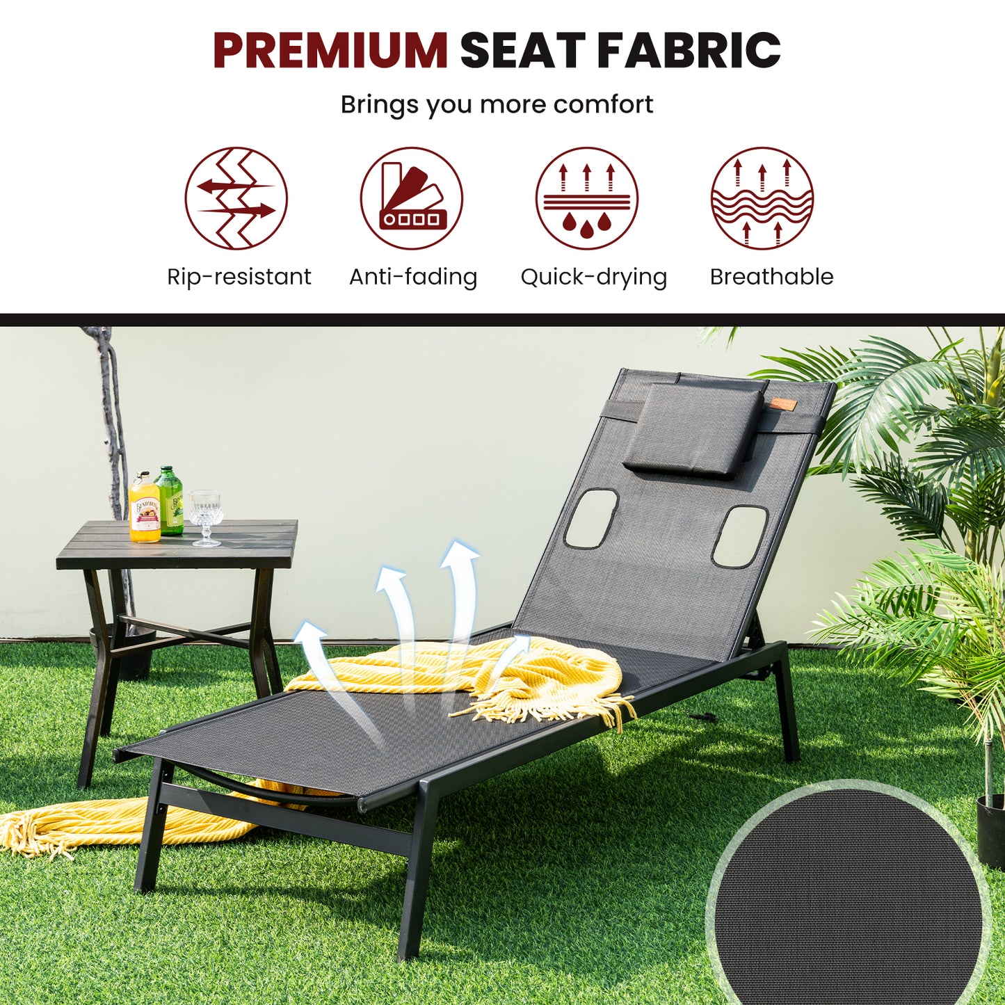 Adjustable Patio Chaise Lounge Chair with Face Hole - Black
