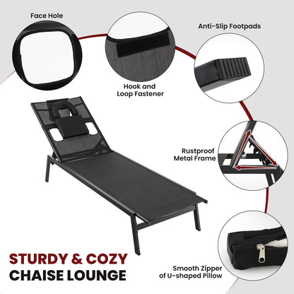 Adjustable Patio Chaise Lounge Chair with Face Hole - Black