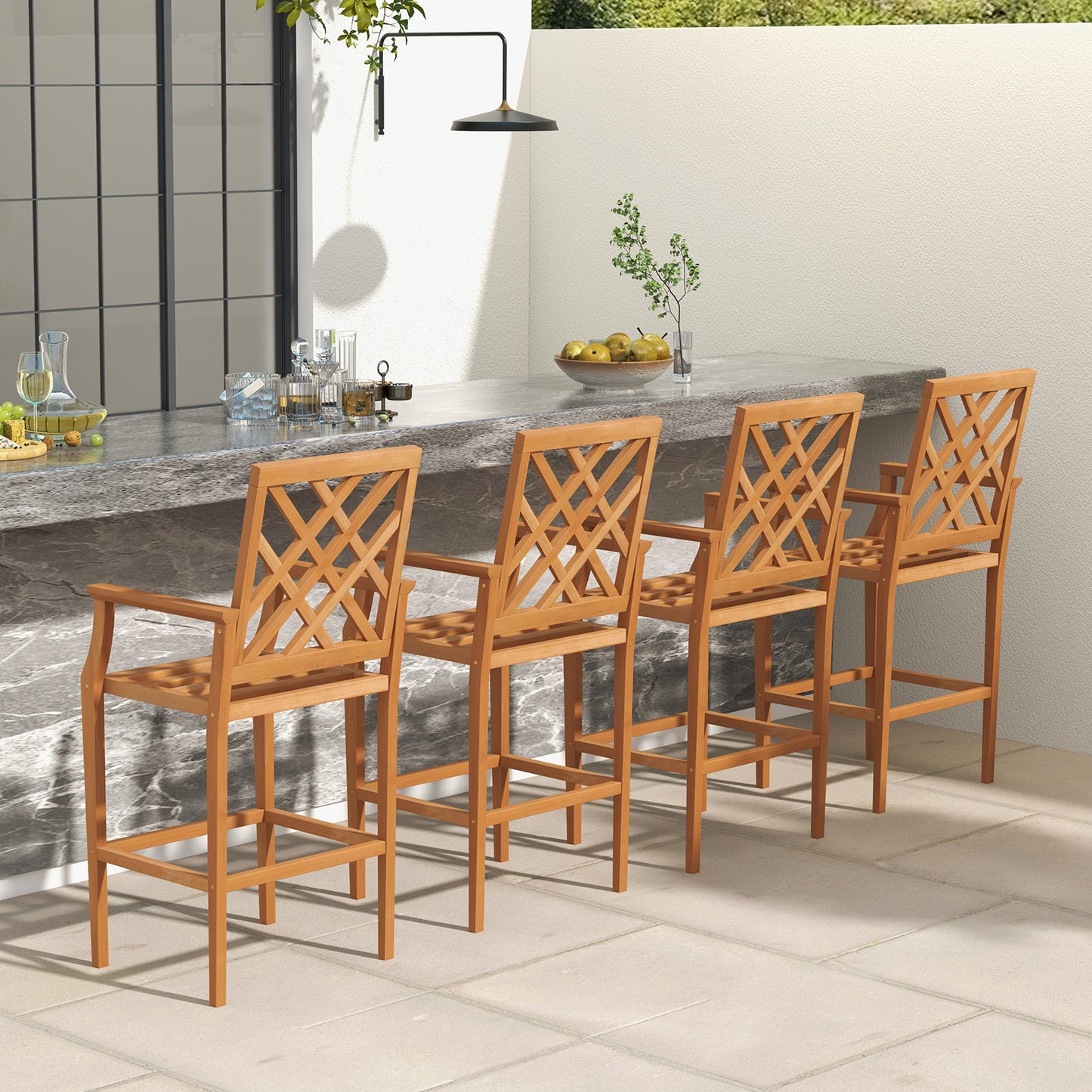 Teak Wood Bar Stool with Ergonomic Backrest - 27" Seat Height