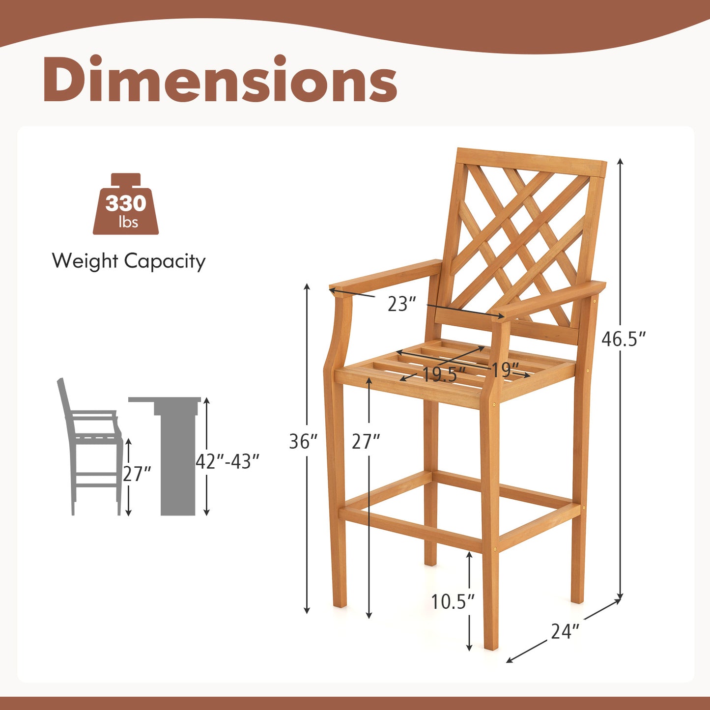 Teak Wood Bar Stool with Ergonomic Backrest - 27" Seat Height