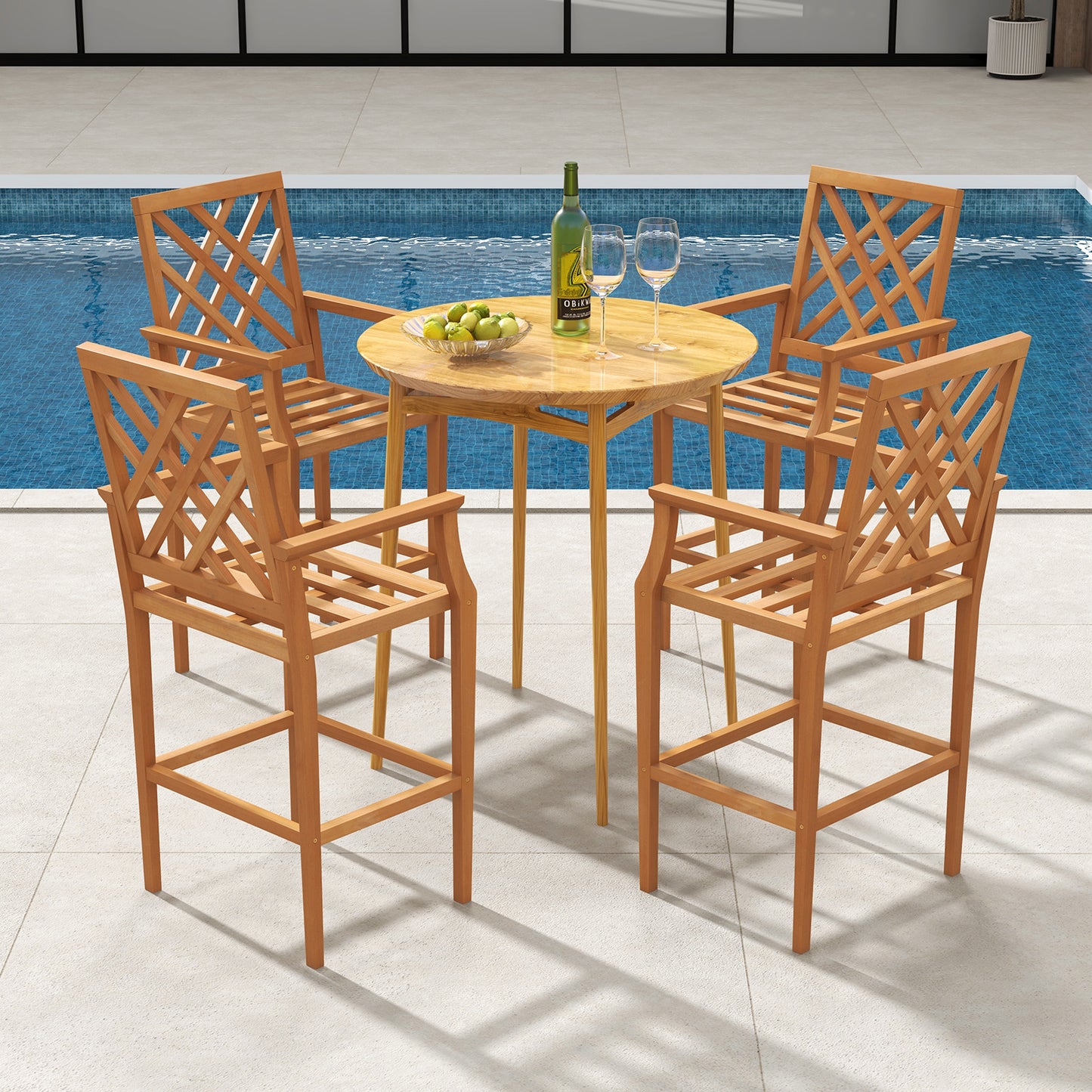 Teak Wood Bar Stool with Ergonomic Backrest - 27" Seat Height