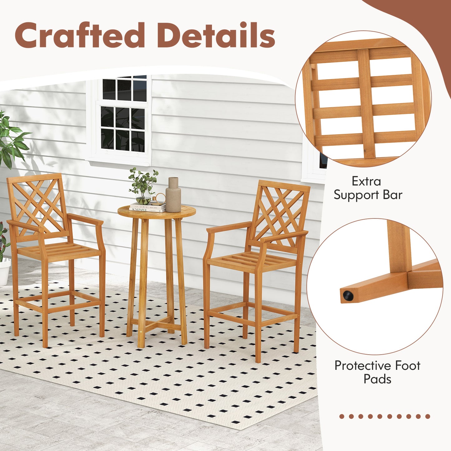 Teak Wood Bar Stool with Ergonomic Backrest - 27" Seat Height