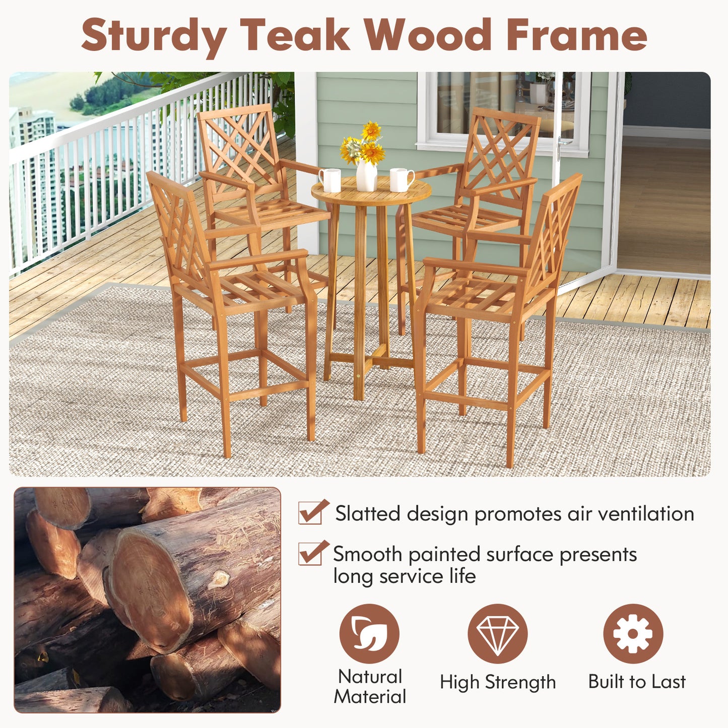 Teak Wood Bar Stool with Ergonomic Backrest - 27" Seat Height