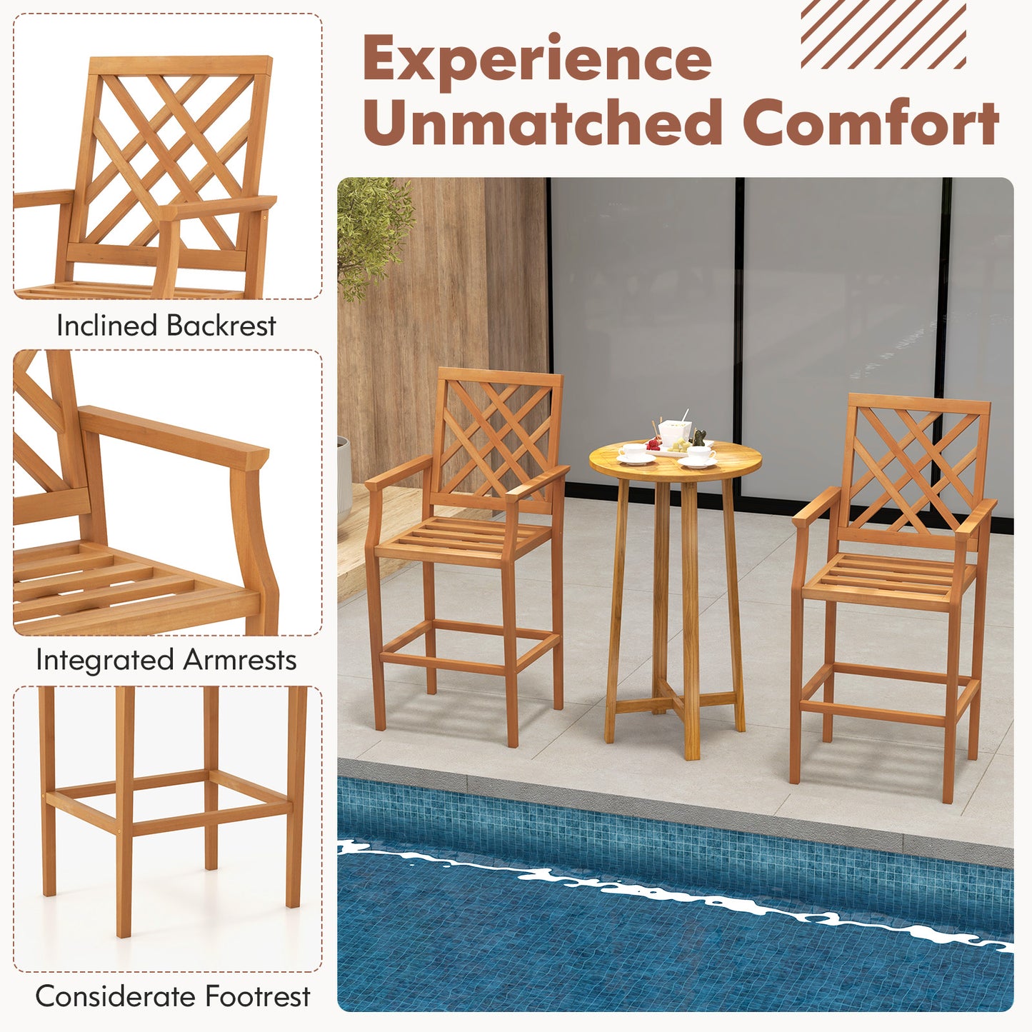 Teak Wood Bar Stool with Ergonomic Backrest - 27" Seat Height
