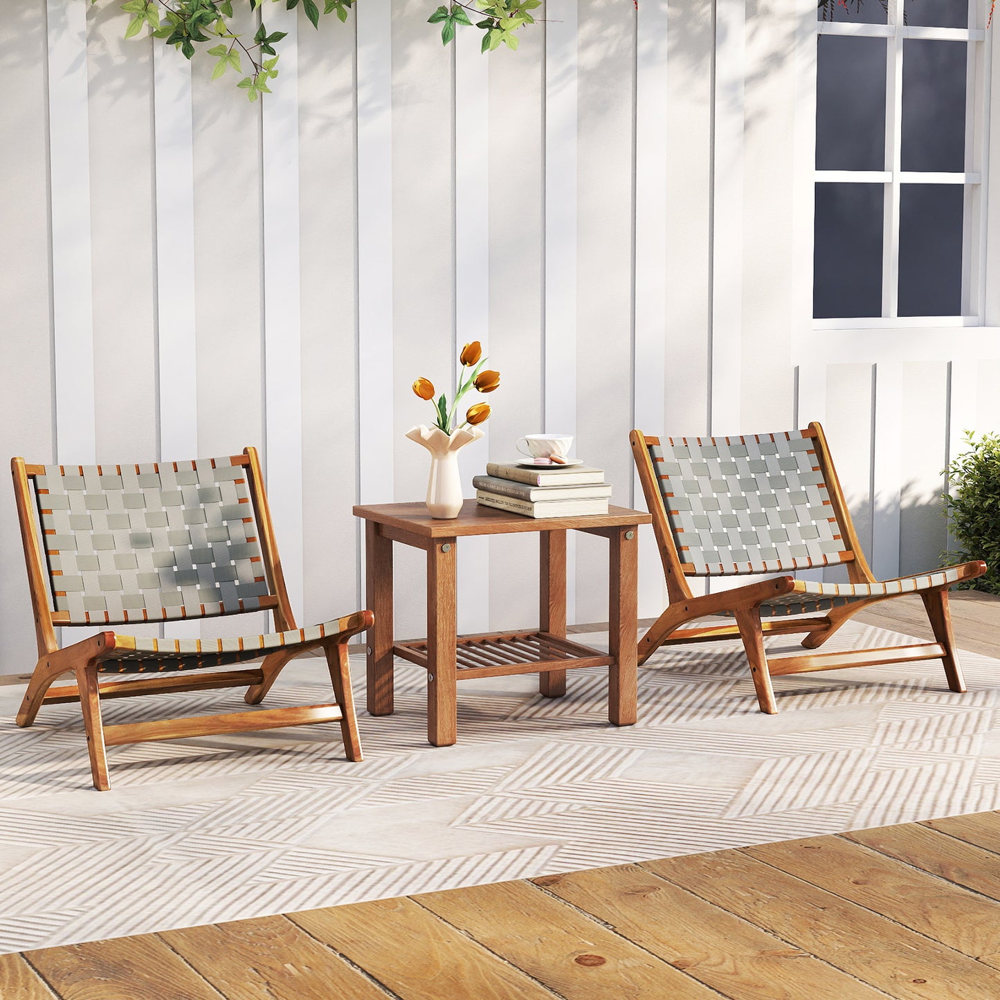 Teak Wood Patio Chair with Nylon Webbing Seat