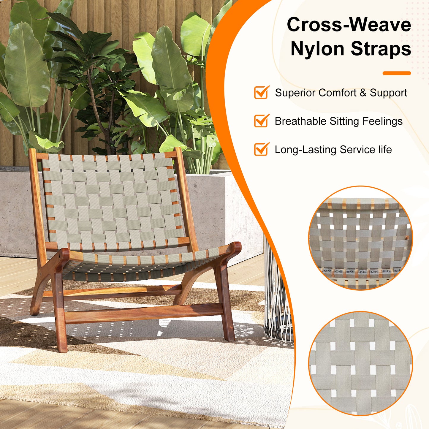 Teak Wood Patio Chair with Nylon Webbing Seat