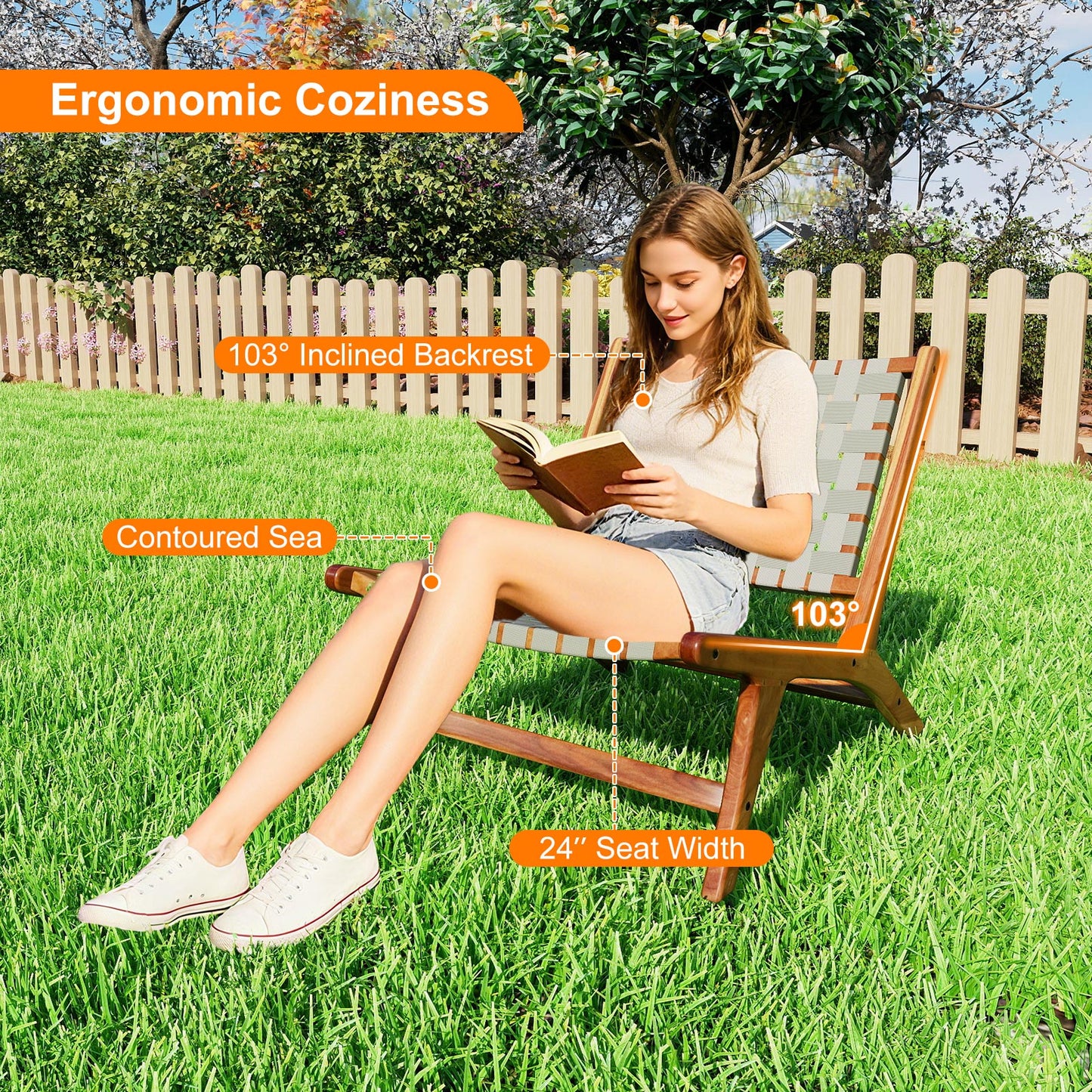 Teak Wood Patio Chair with Nylon Webbing Seat