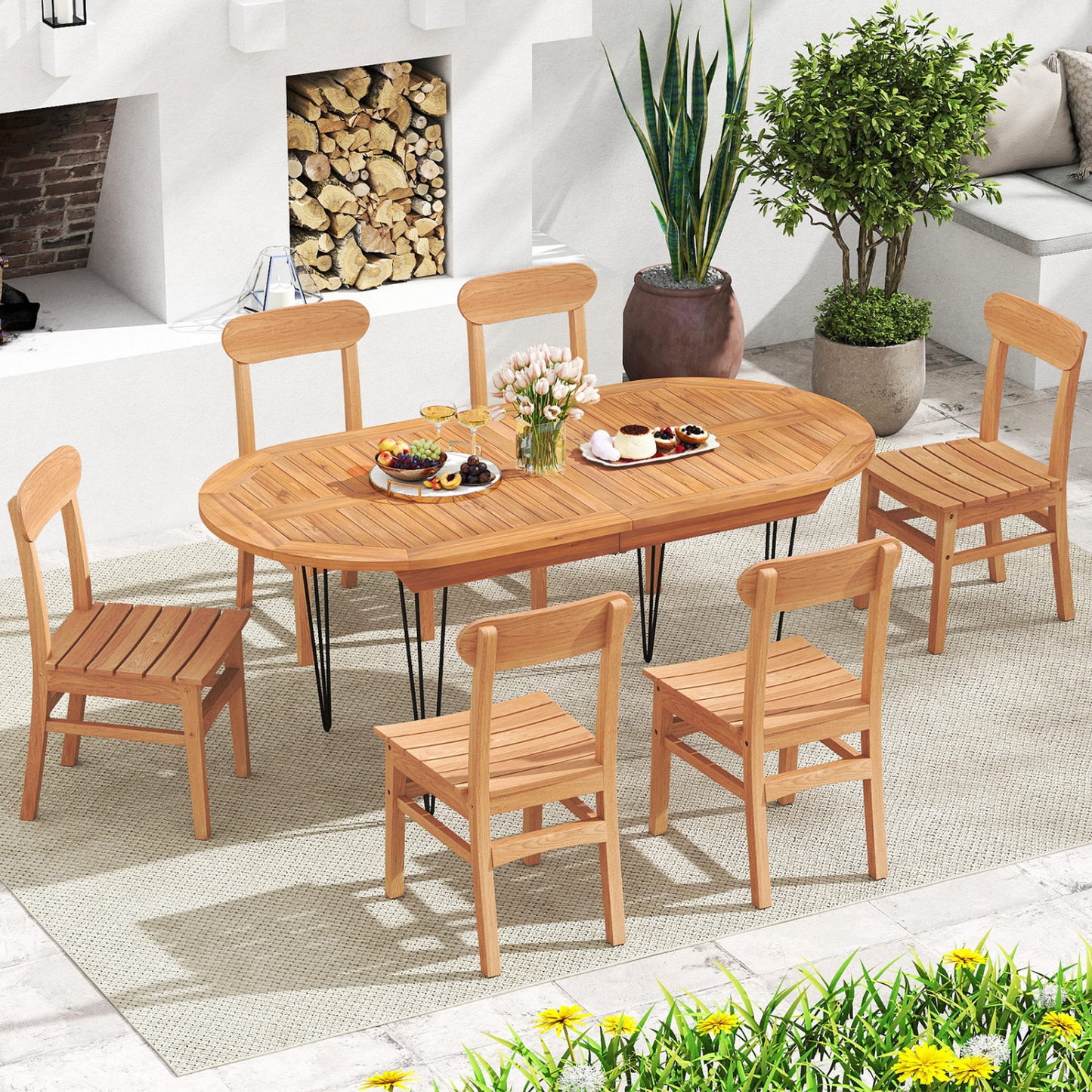 Teak Wood Armless Dining Chair with Slatted Seat