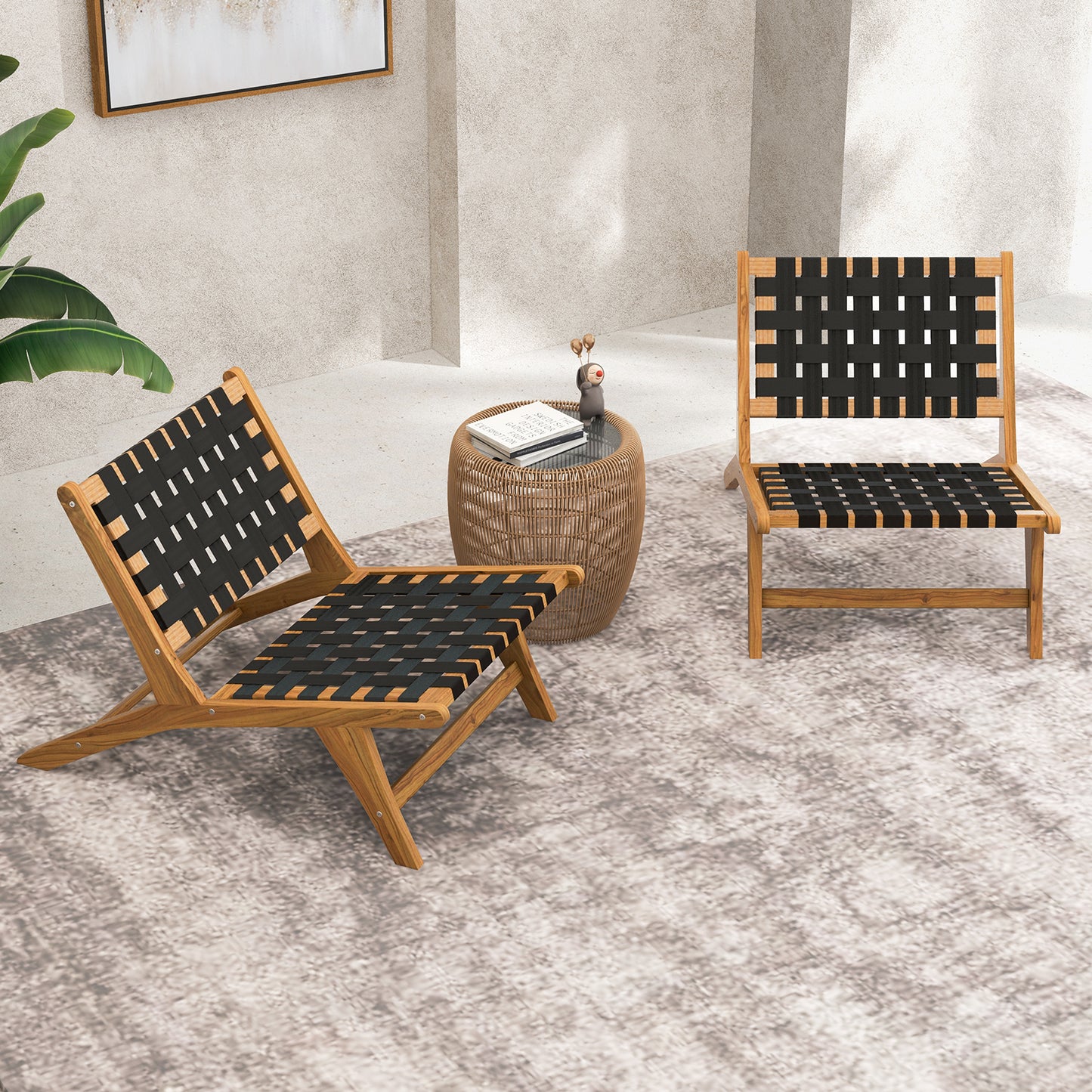 Teak Wooden Patio Chair with Woven Webbing Seat