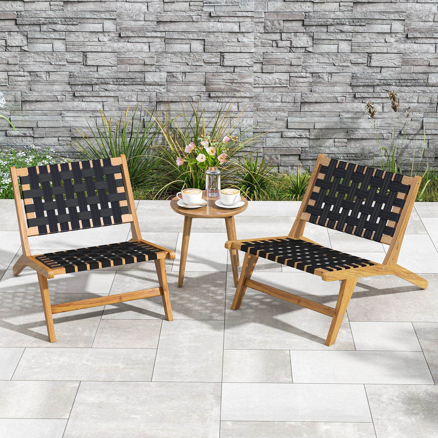 Teak Wooden Patio Chair with Woven Webbing Seat