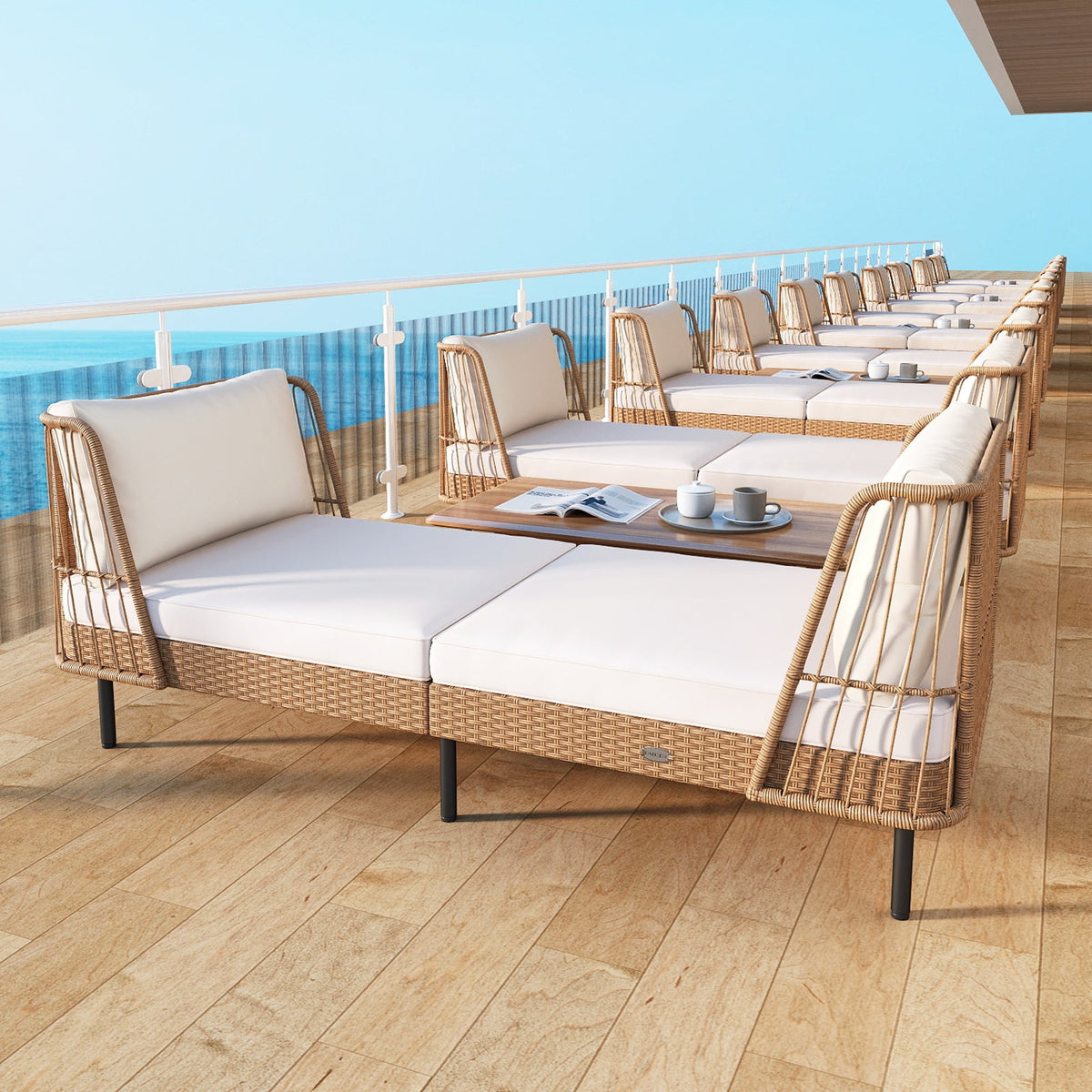 Patio Wicker Daybed Outdoor Boho Rattan Loveseat Sofa with Seat and Back Cushions-White