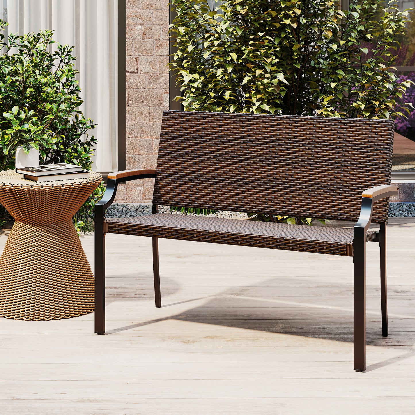 Wicker Loveseat with Acacia Wood Armrests - 800 lbs Capacity