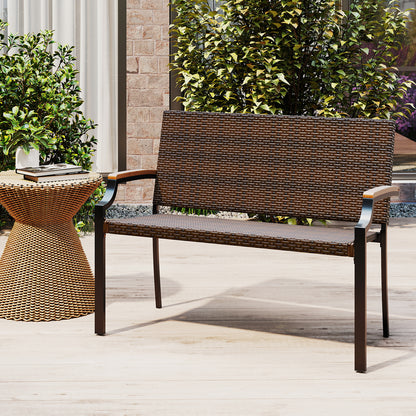 Wicker Loveseat with Acacia Wood Armrests - 800 lbs Capacity