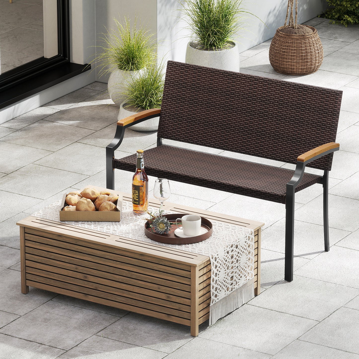 Wicker Loveseat with Acacia Wood Armrests - 800 lbs Capacity