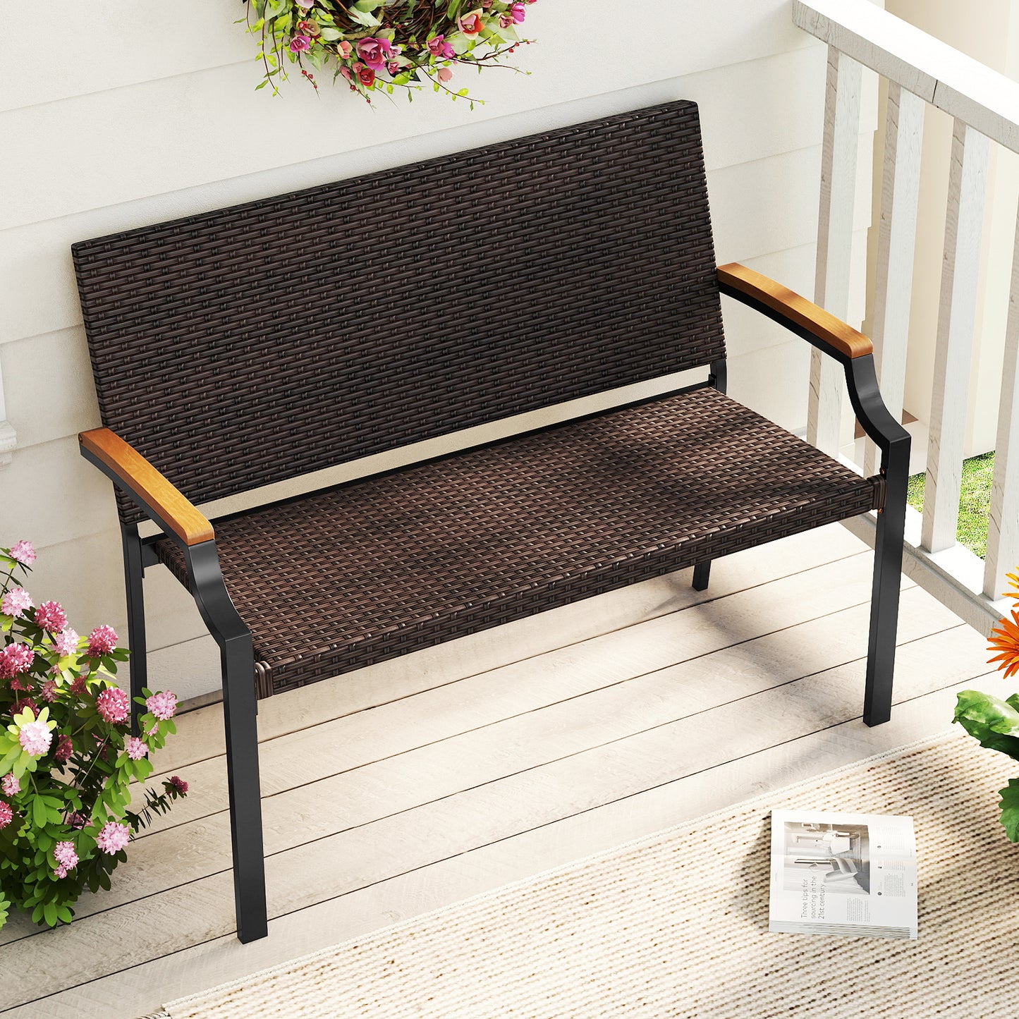Wicker Loveseat with Acacia Wood Armrests - 800 lbs Capacity