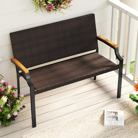 Wicker Loveseat with Acacia Wood Armrests - 800 lbs Capacity