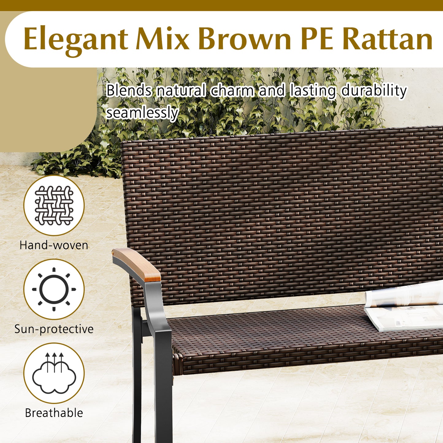 Wicker Loveseat with Acacia Wood Armrests - 800 lbs Capacity