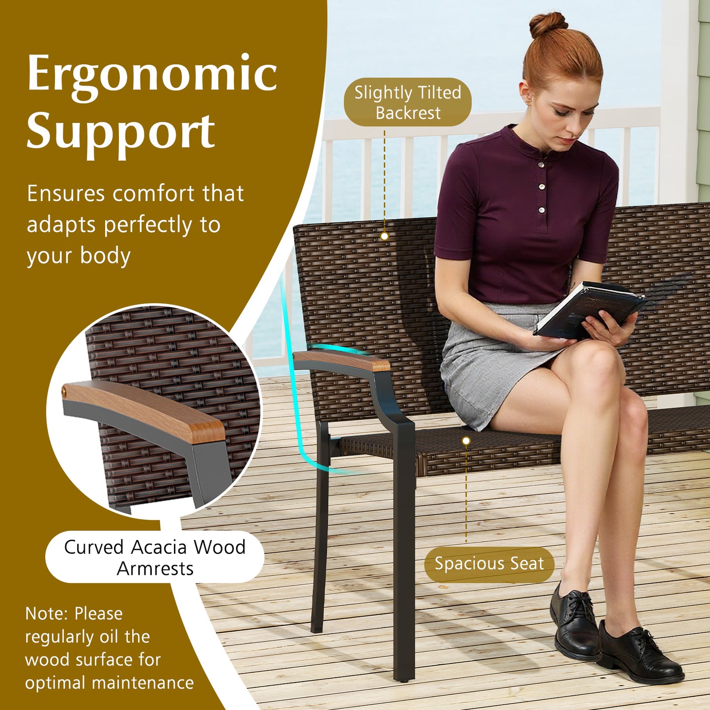 Wicker Loveseat with Acacia Wood Armrests - 800 lbs Capacity