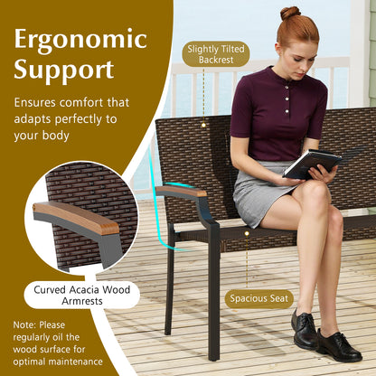 Wicker Loveseat with Acacia Wood Armrests - 800 lbs Capacity