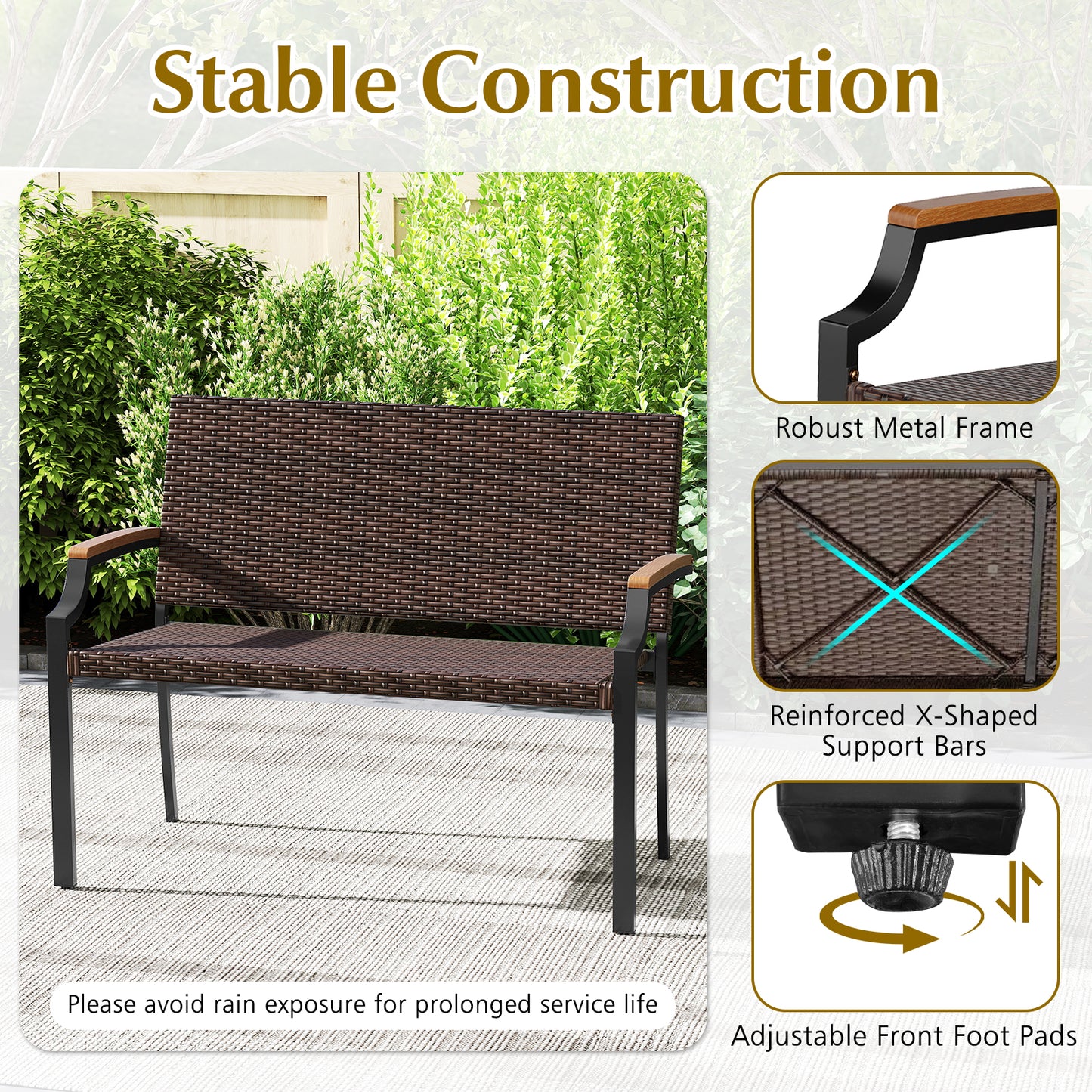 Wicker Loveseat with Acacia Wood Armrests - 800 lbs Capacity