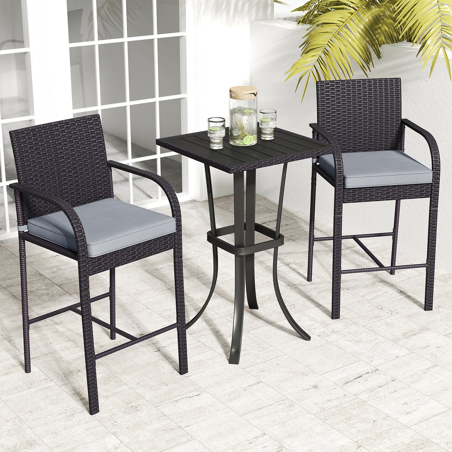 3-Piece Patio Bar Set with Wicker Chairs and Square Table