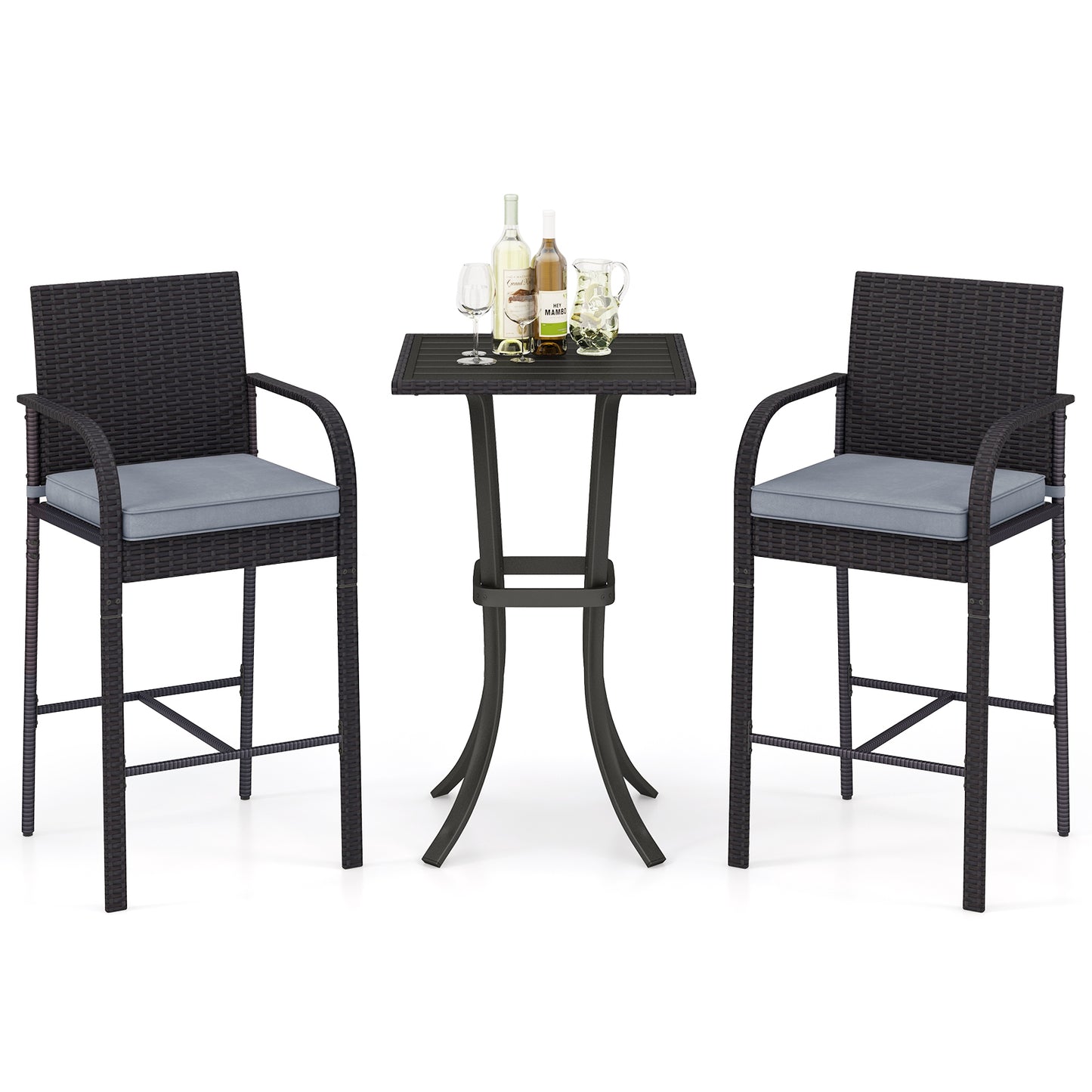 3-Piece Patio Bar Set with Wicker Chairs and Square Table