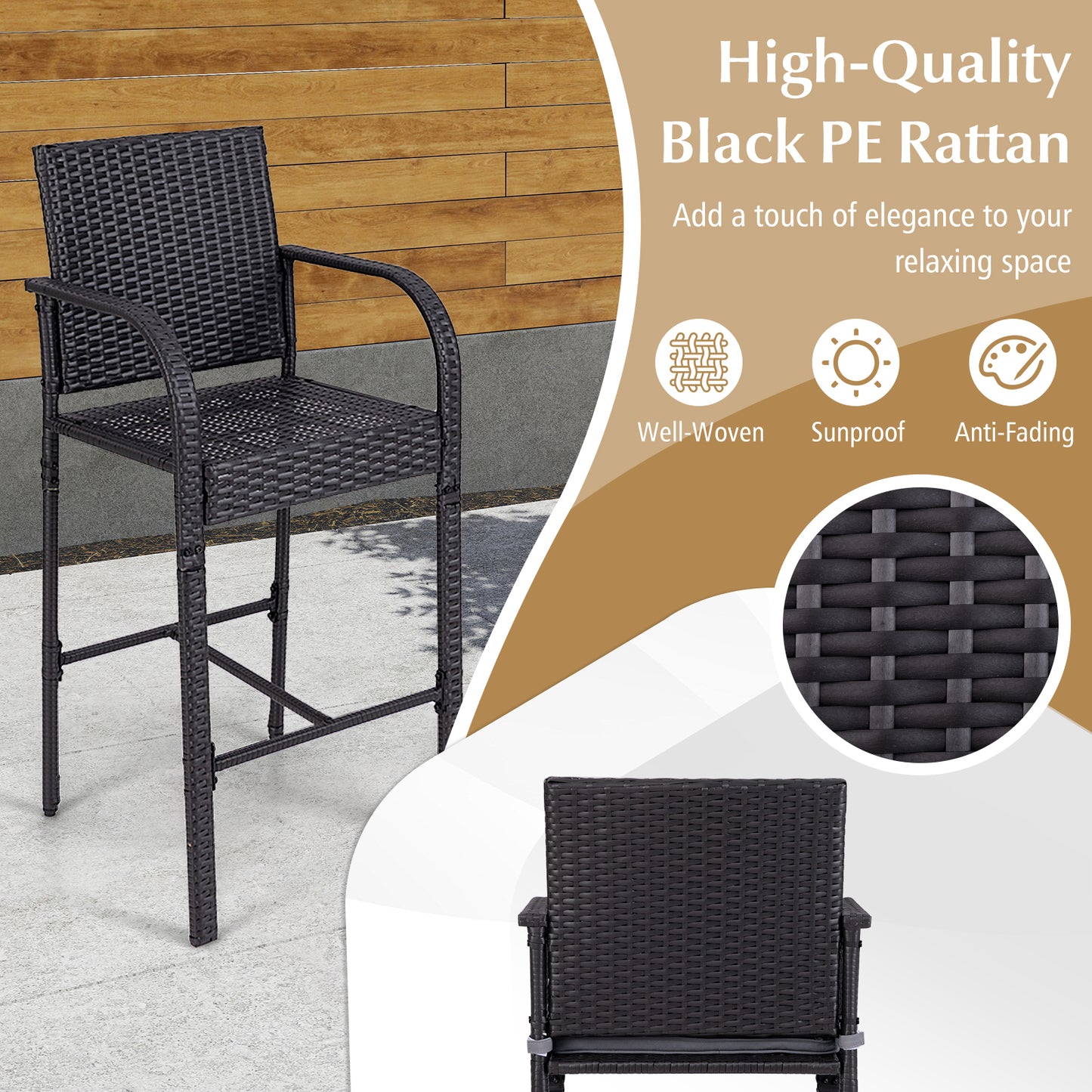 3-Piece Patio Bar Set with Wicker Chairs and Square Table