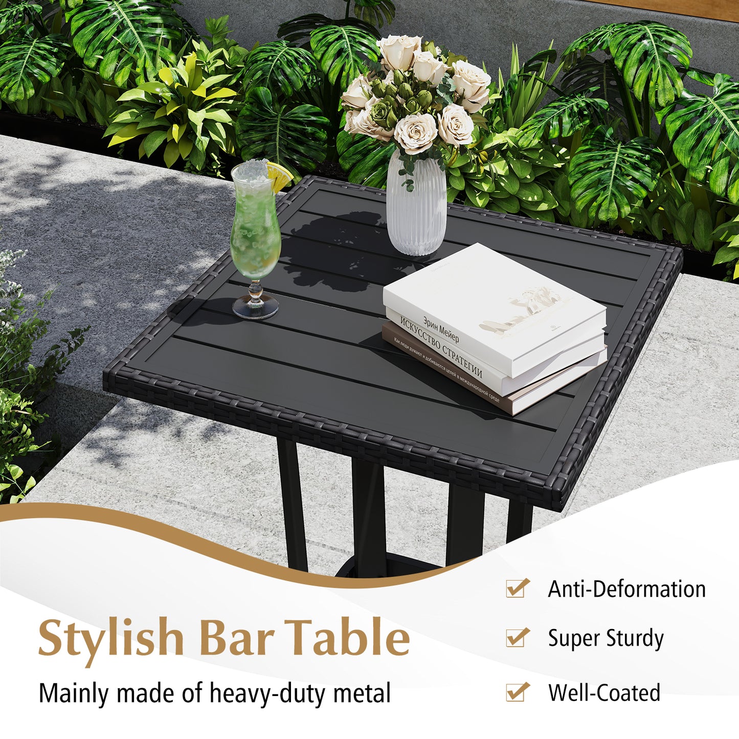 3-Piece Patio Bar Set with Wicker Chairs and Square Table