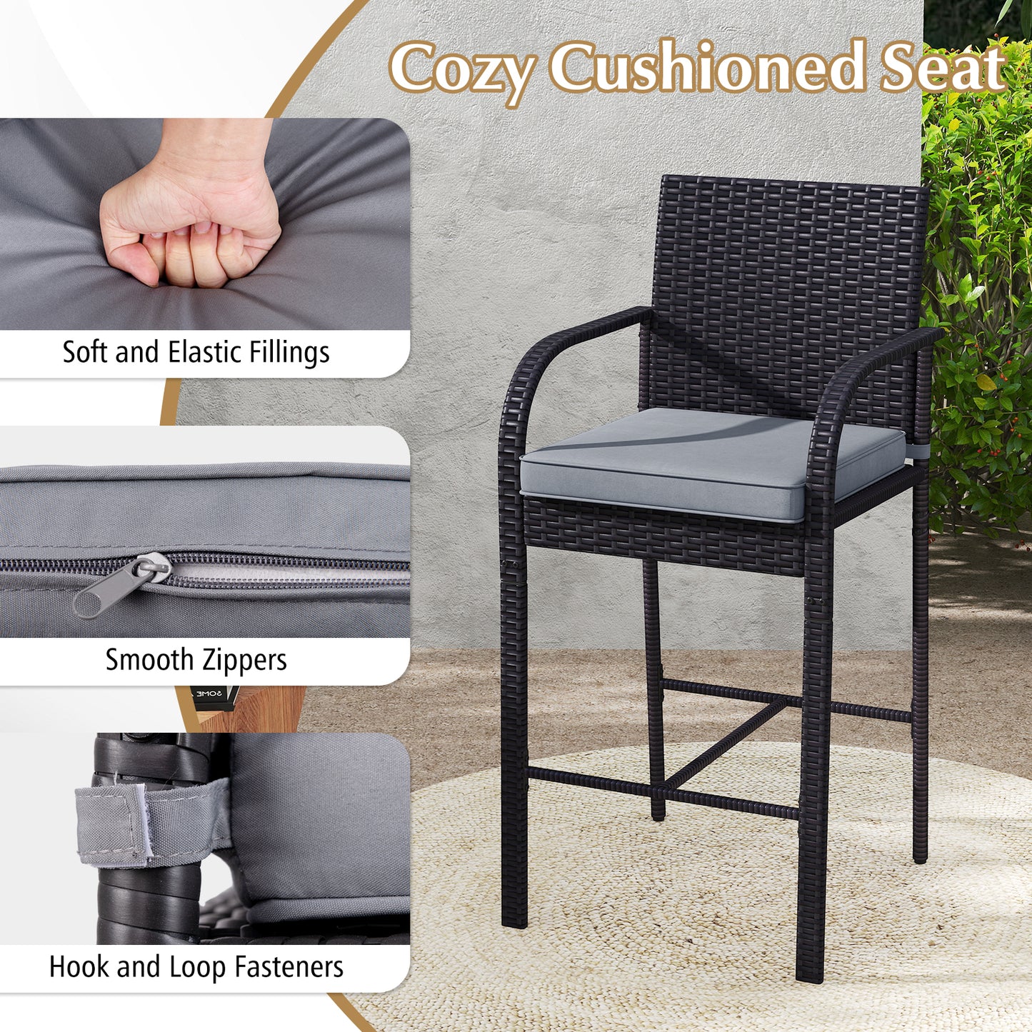 3-Piece Patio Bar Set with Wicker Chairs and Square Table