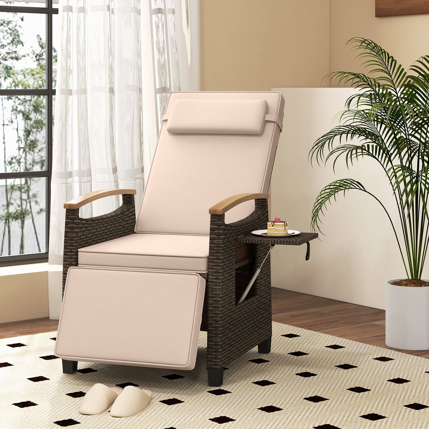 Adjustable Wicker Chaise Lounge Chair with Cushion & Side Table
