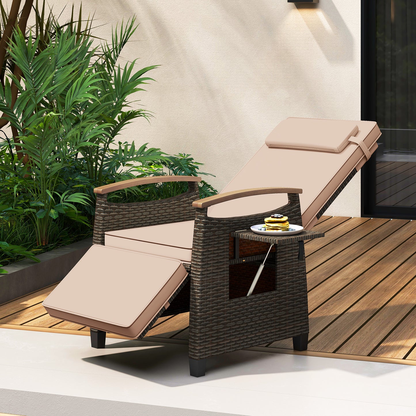 Adjustable Wicker Chaise Lounge Chair with Cushion & Side Table