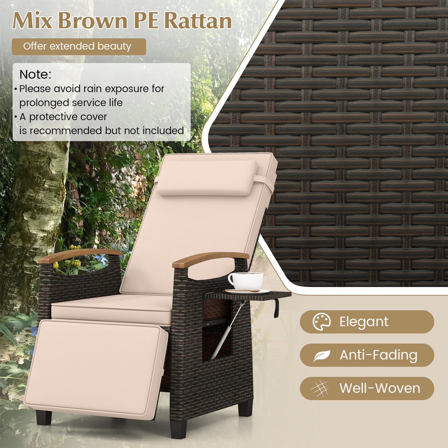 Adjustable Wicker Chaise Lounge Chair with Cushion & Side Table