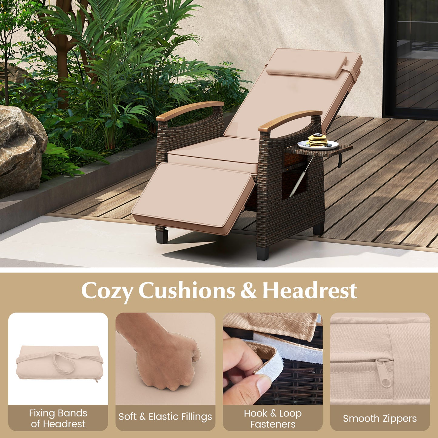 Adjustable Wicker Chaise Lounge Chair with Cushion & Side Table