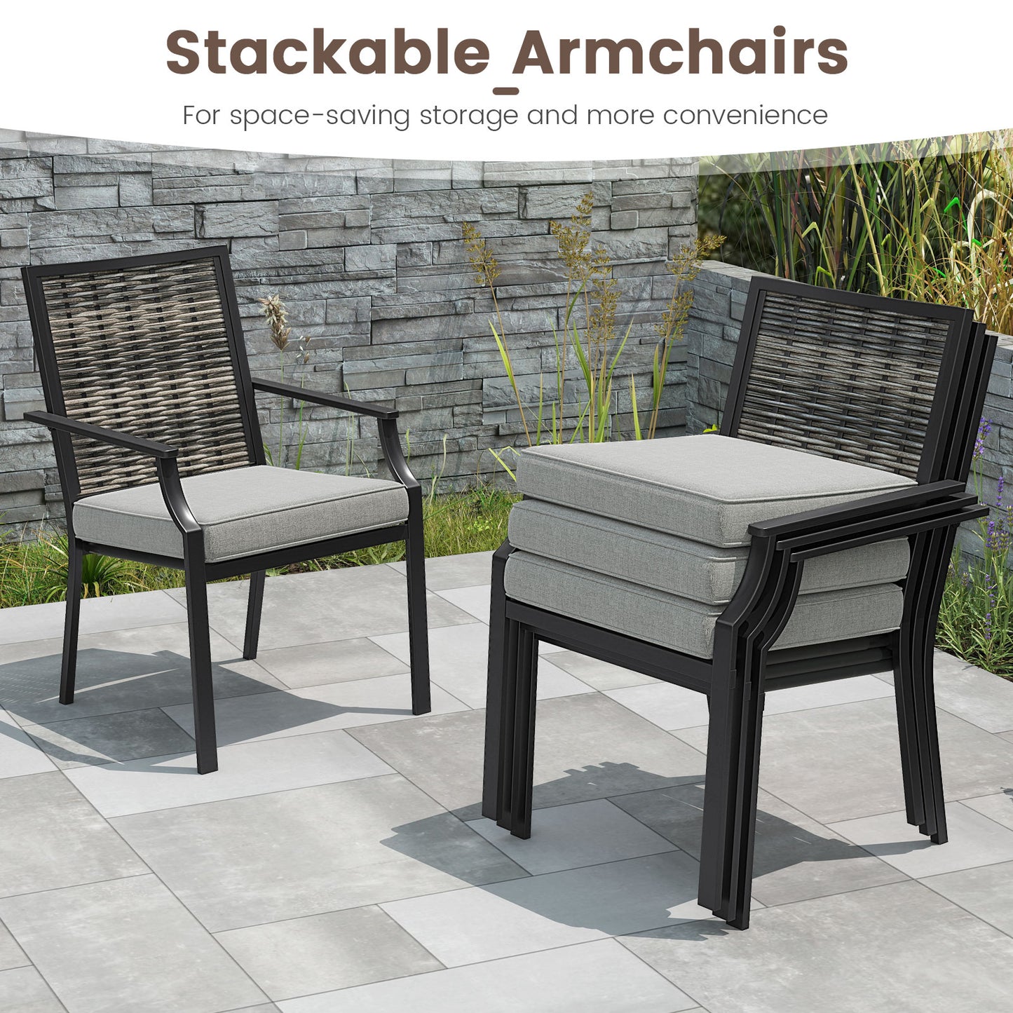 Stackable Wicker Patio Dining Chairs Set of 2 with Cushions