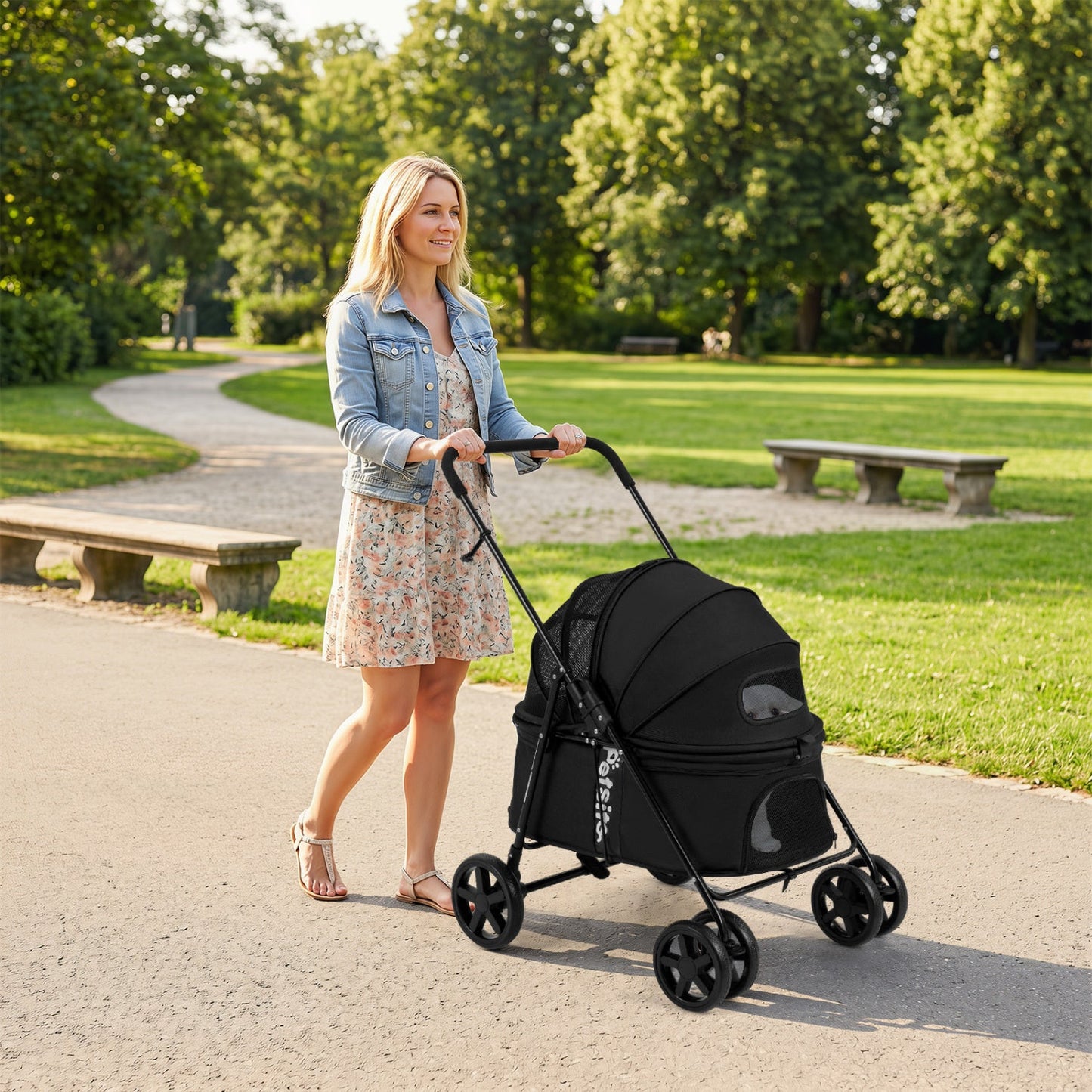 Foldable Pet Stroller for Small to Medium Dogs with Brake