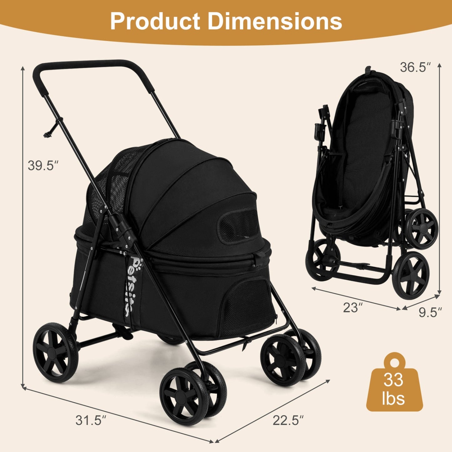 Foldable Pet Stroller for Small to Medium Dogs with Brake