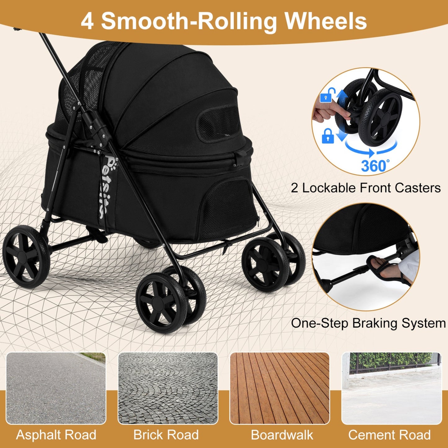 Foldable Pet Stroller for Small to Medium Dogs with Brake