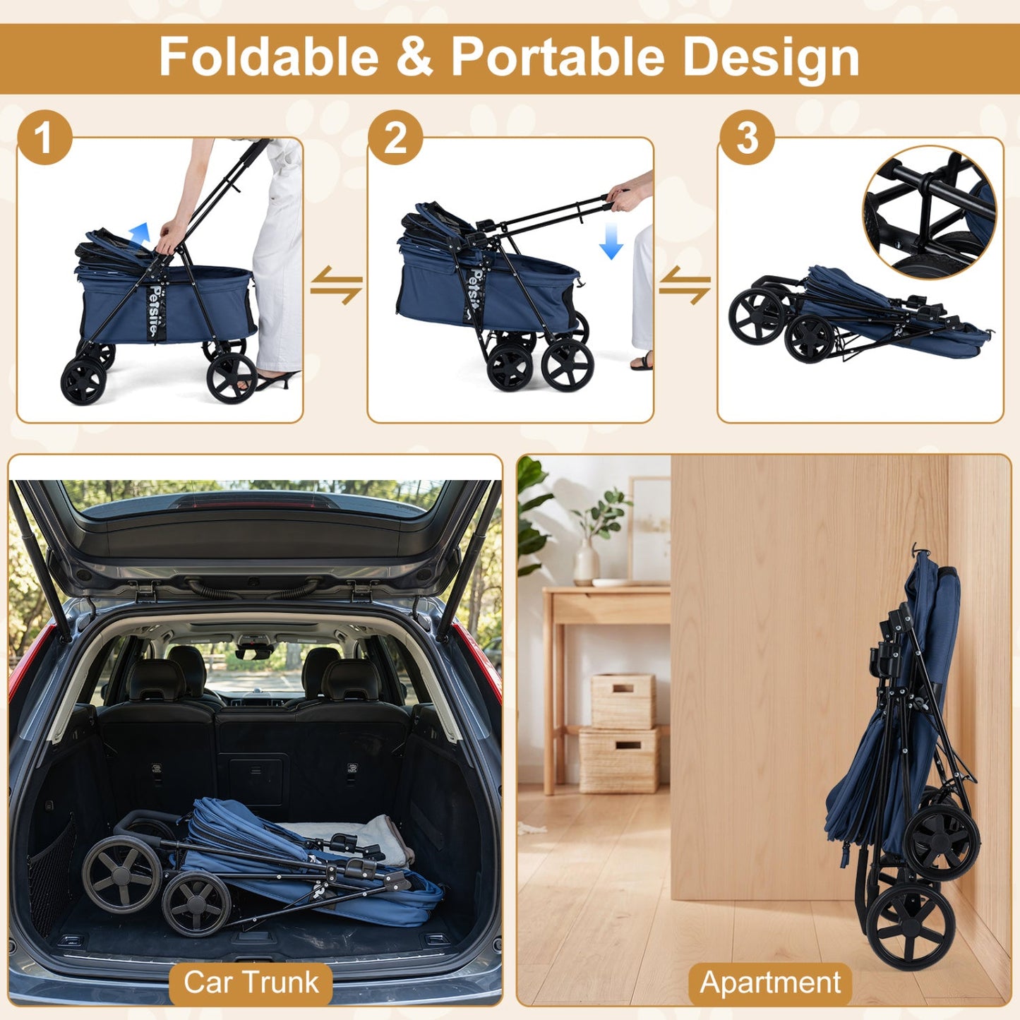 Foldable Pet Stroller for Small to Medium Dogs with Brake