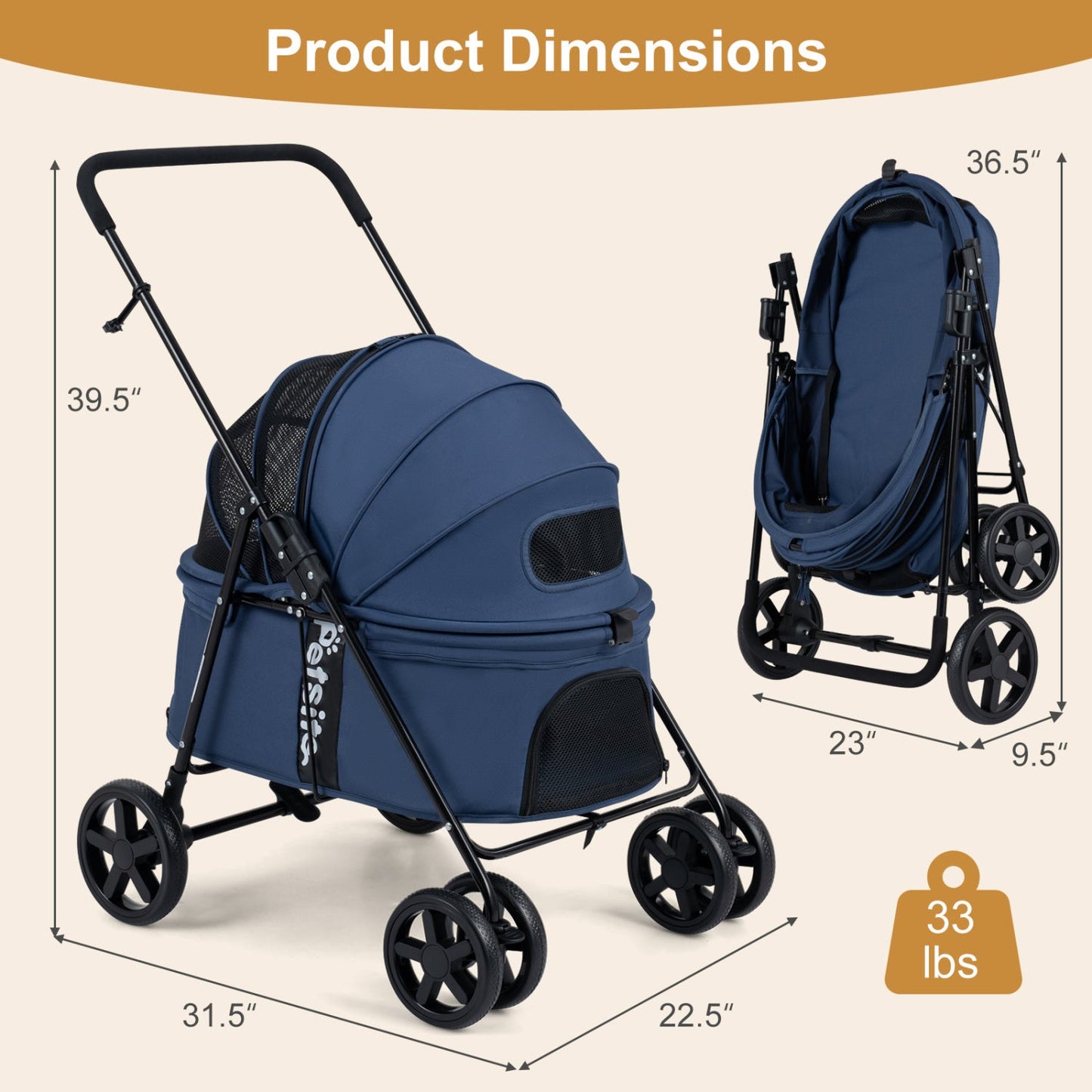 Foldable Pet Stroller for Small to Medium Dogs with Brake